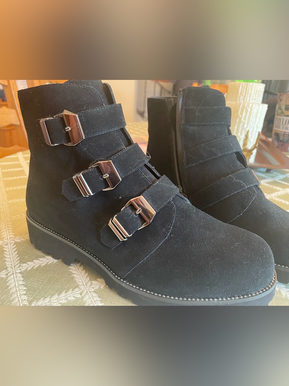 Vaneli Zemira Black Suede Triple-Buckle Ankle Booties